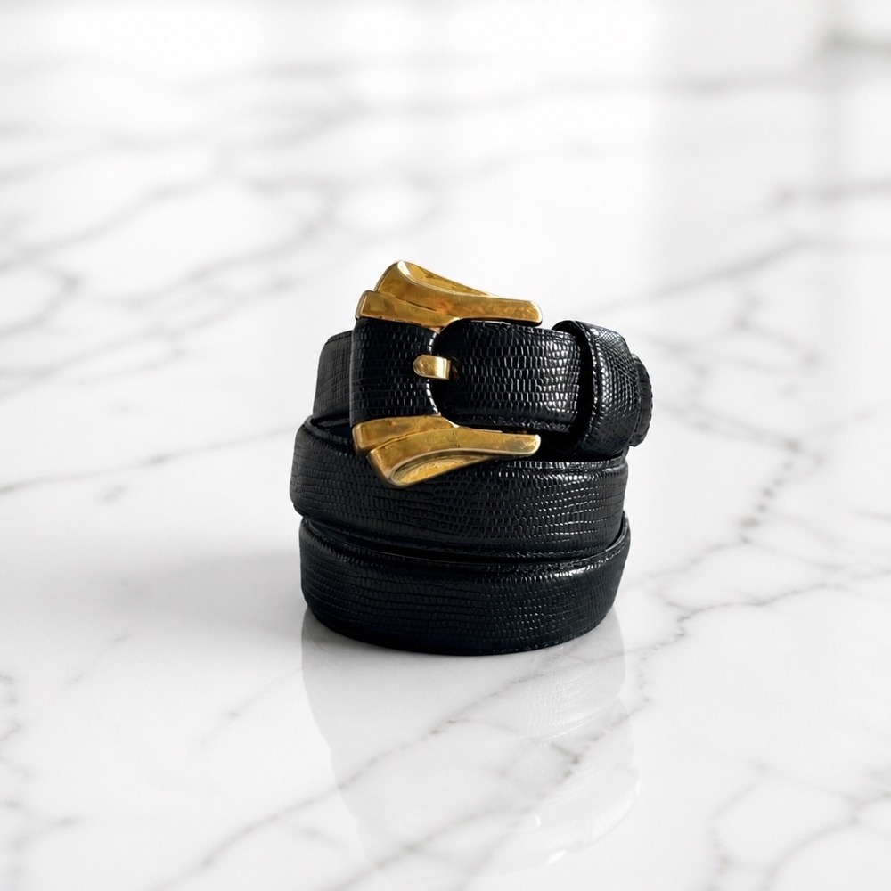 VTG Liz Claiborne Womens Belt Black Leather Lizard Embossed Gold Buckle Mediumβ